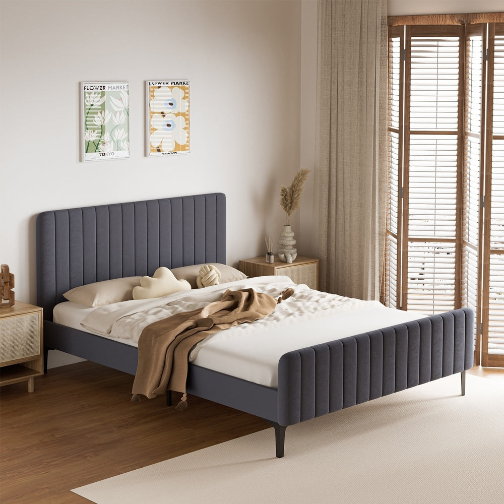 Oikiture Bed Frame Queen Size Beds Platform Velvet Fabric Grey-Bed Frames-PEROZ Accessories