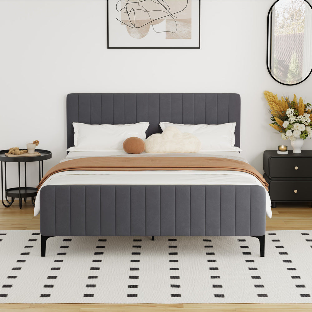 Oikiture Bed Frame Queen Size Beds Platform Velvet Fabric Grey-Bed Frames-PEROZ Accessories