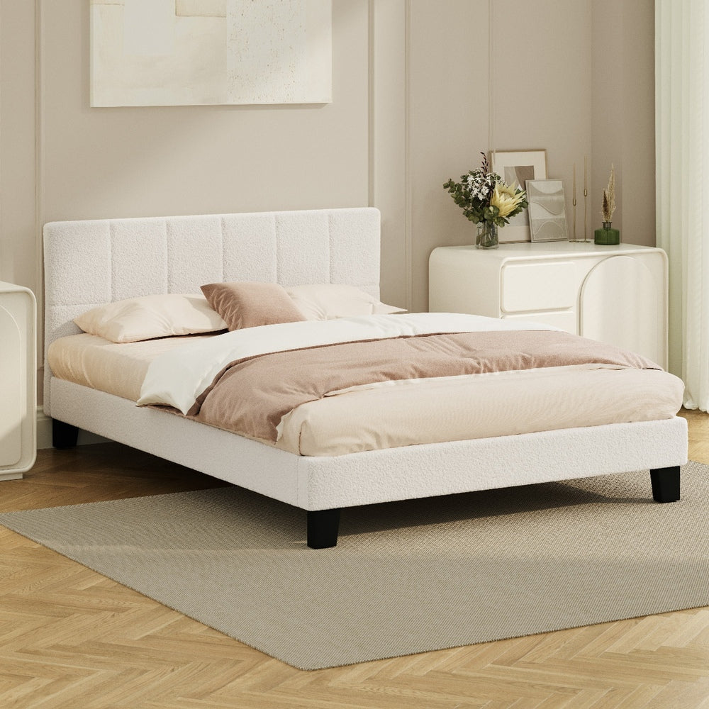 Oikiture Bed Frame Queen Size Base White Boucle TOFU-Bed Frame-PEROZ Accessories