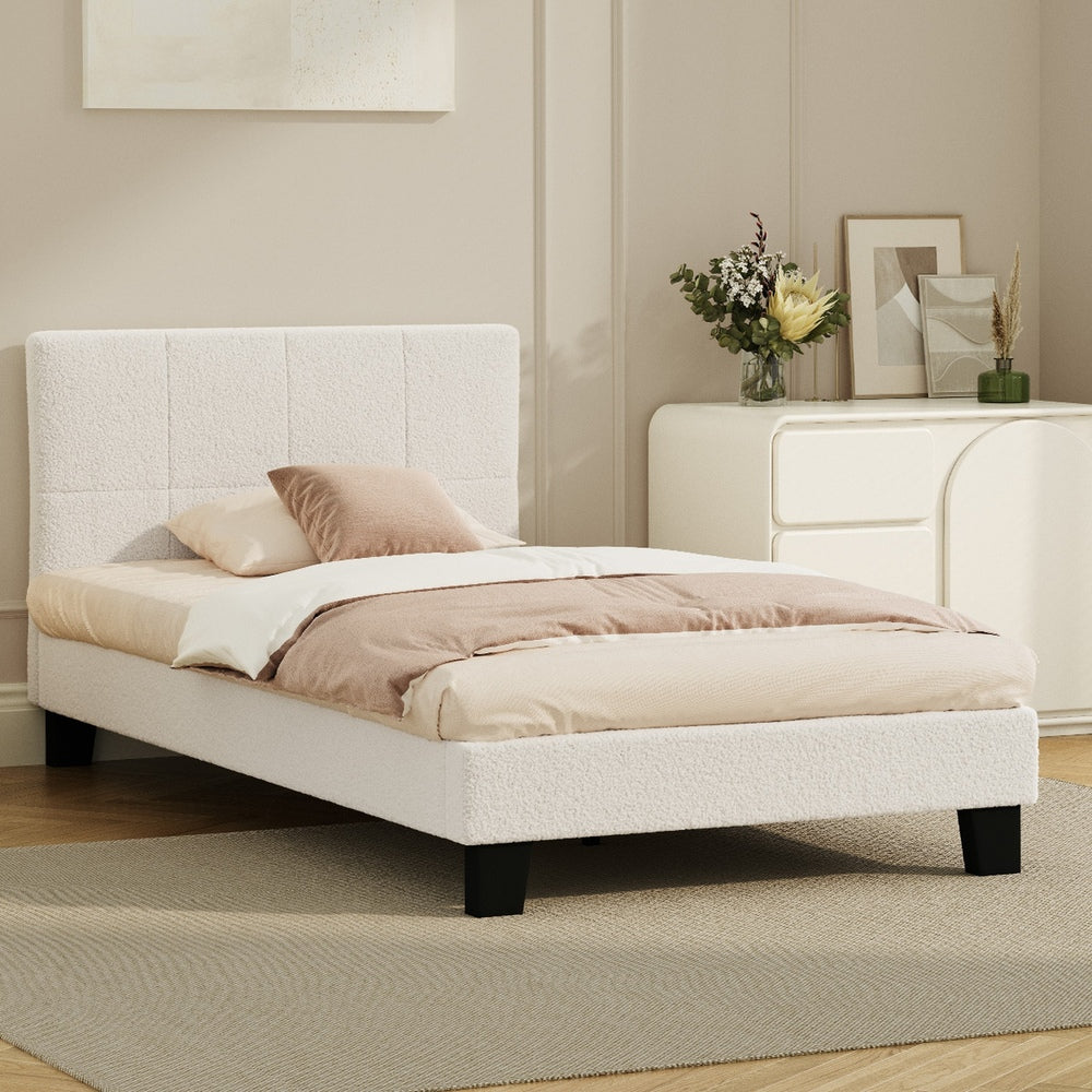 Oikiture Bed Frame Single Size Base White Boucle TOFU-Bed Frame-PEROZ Accessories