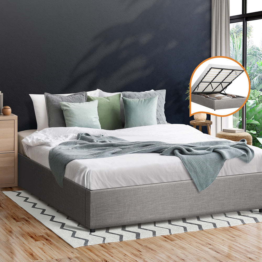 Oikiture King Bed Frame Mattress Base with Lift Gas Beige-Bed Frames-PEROZ Accessories