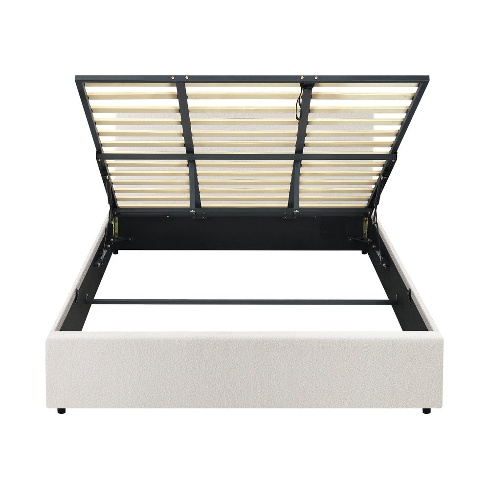 Oikiture King Bed Frame Gas Lift Storage Base White Boucle-Bed Frames-PEROZ Accessories