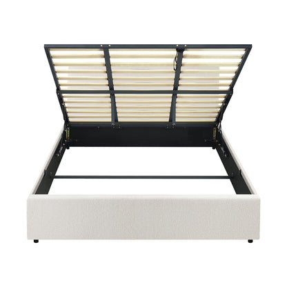 Oikiture King Bed Frame Gas Lift Storage Base White Boucle-Bed Frames-PEROZ Accessories
