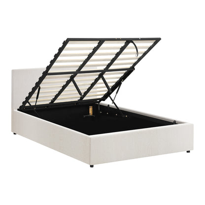 Oikiture King Bed Frame Gas Lift Storage Base White Boucle-Bed Frames-PEROZ Accessories
