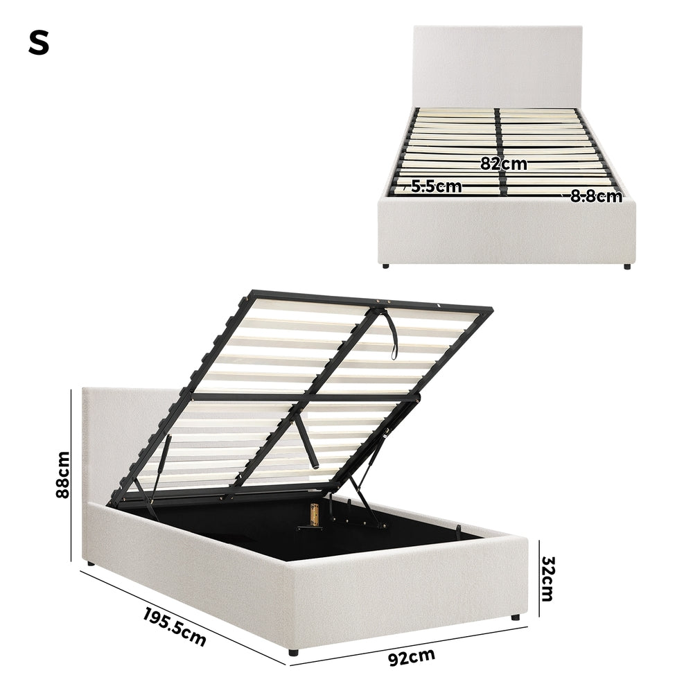 Oikiture Single Bed Frame Gas Lift Storage Base White Boucle-Bed Frames-PEROZ Accessories