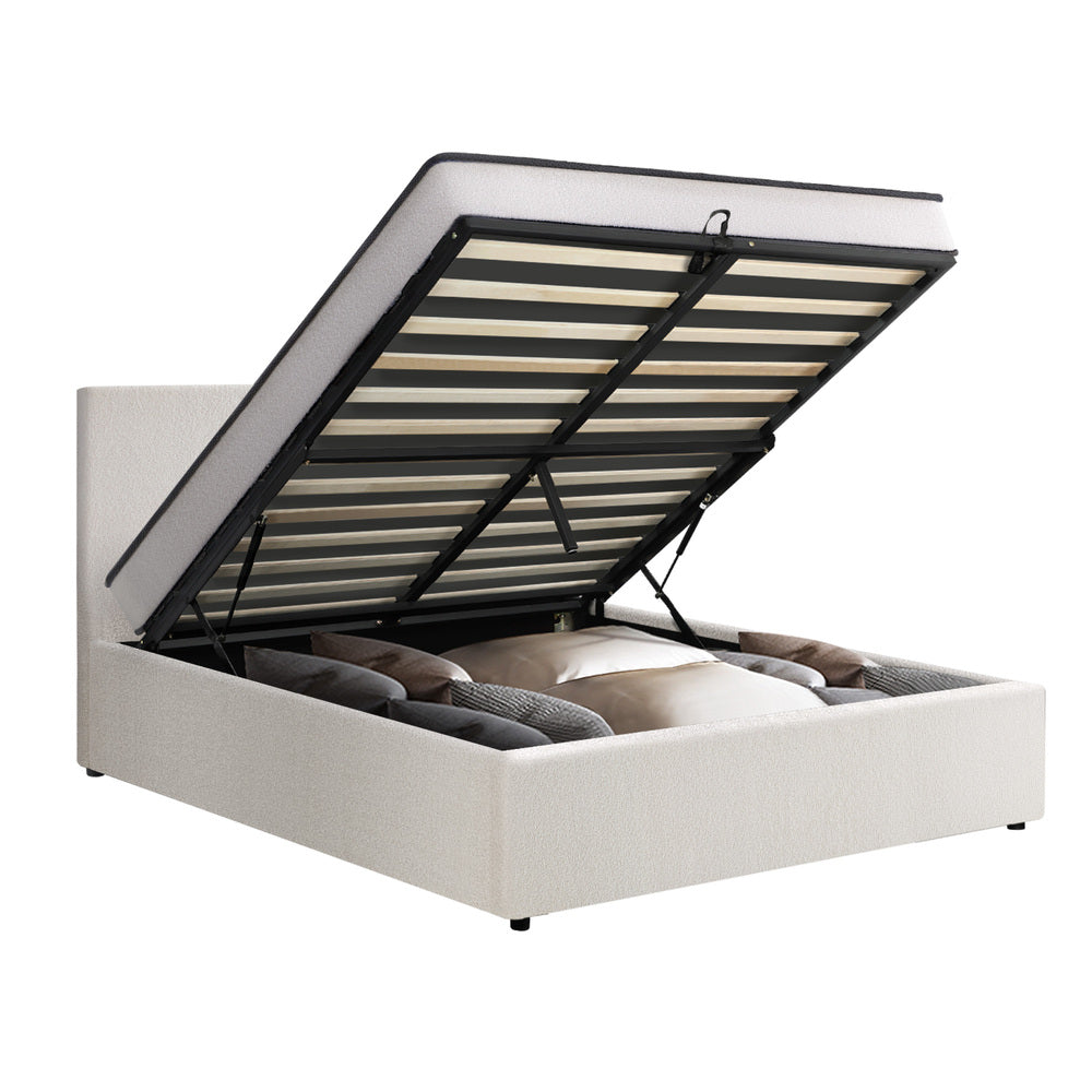 Oikiture Bed Frame King Size Gas Lift Boucle Beds With Mattress Set-Bed Frame-PEROZ Accessories