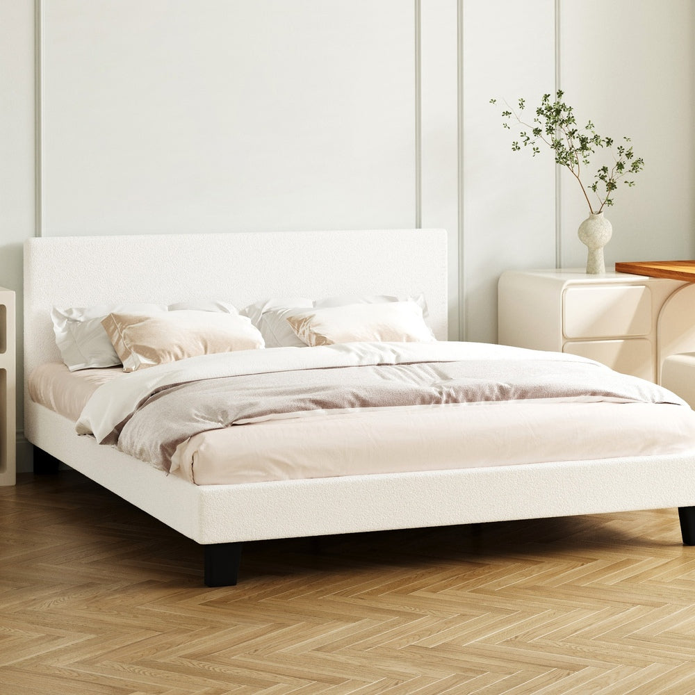 Oikiture Double Bed Frame with Wooden Slats and Boucle Fabric Bed Base Mattress Platfrom White-Bed Frames-PEROZ Accessories