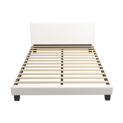 Oikiture Double Bed Frame with Wooden Slats and Boucle Fabric Bed Base Mattress Platfrom White-Bed Frames-PEROZ Accessories