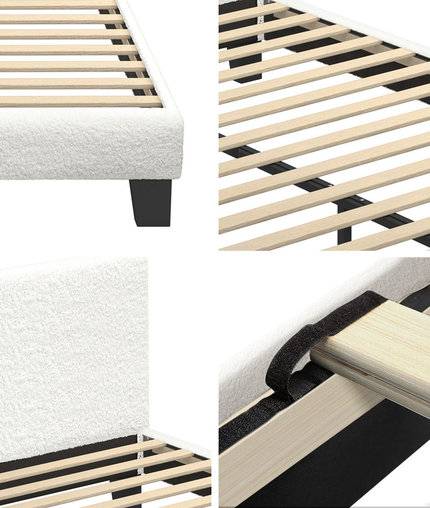 Oikiture Double Bed Frame with Wooden Slats and Boucle Fabric Bed Base Mattress Platfrom White-Bed Frames-PEROZ Accessories