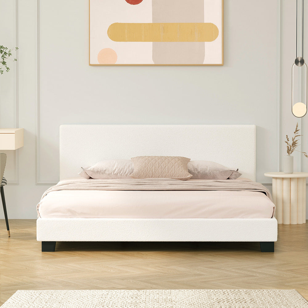 Oikiture King Bed Frame with Wooden Slats and Boucle Fabric Bed Base Mattress Platfrom White-Bed Frames-PEROZ Accessories