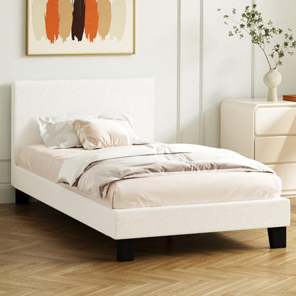 Oikiture King Single Bed Frame with Wooden Slats and Boucle Fabric Bed Base Mattress Platfrom White-Bed Frames-PEROZ Accessories