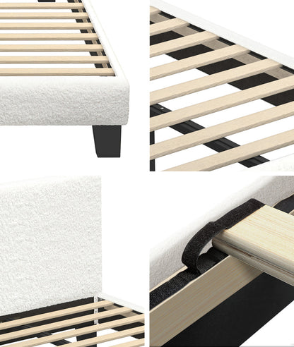 Oikiture King Single Bed Frame with Wooden Slats and Boucle Fabric Bed Base Mattress Platfrom White-Bed Frames-PEROZ Accessories