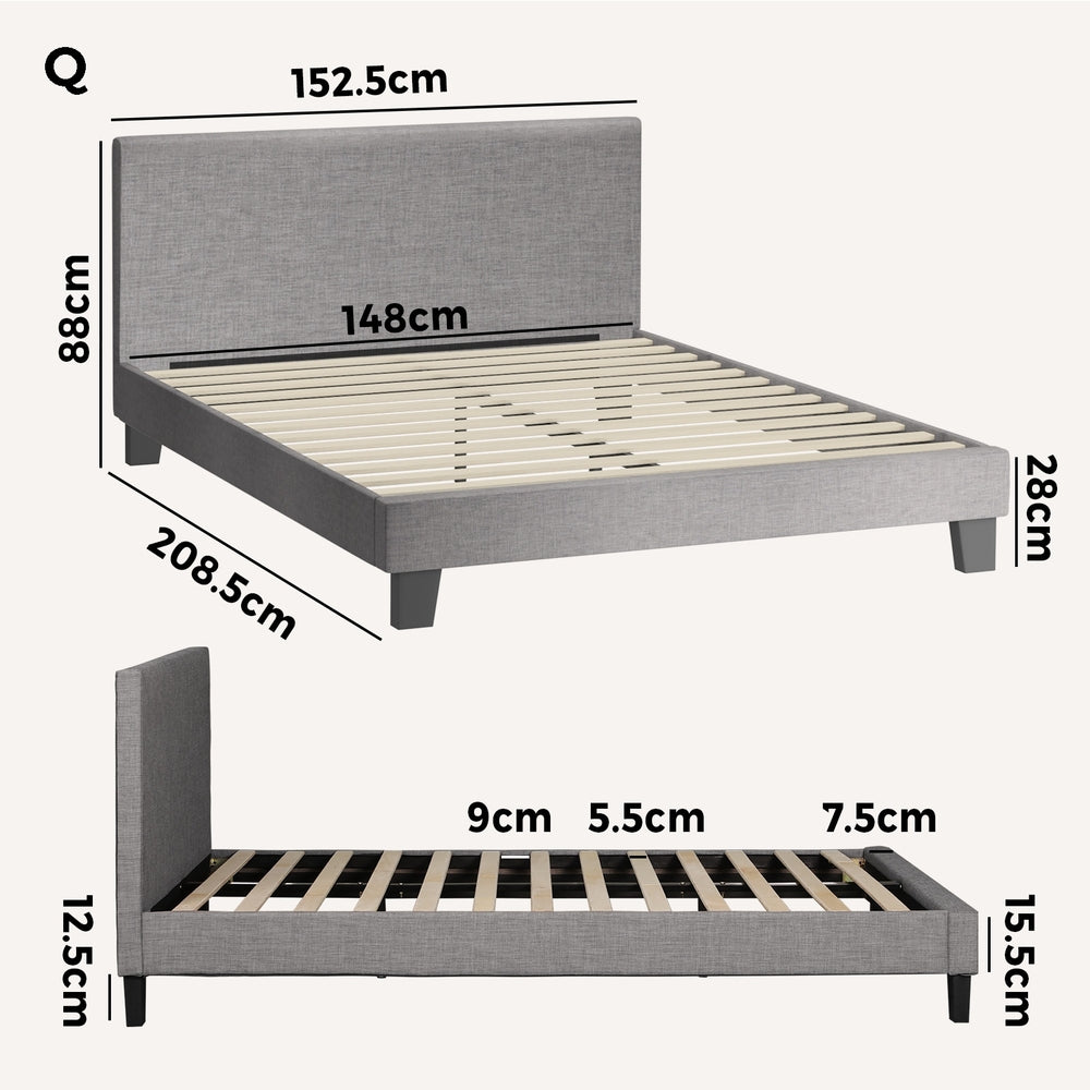 Oikiture Bed Frame Queen Size Mattress Base Platform Wooden Slats Grey Fabric-Bed Frames-PEROZ Accessories