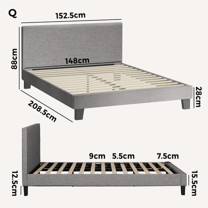 Oikiture Bed Frame Queen Size Mattress Base Platform Wooden Slats Grey Fabric-Bed Frames-PEROZ Accessories