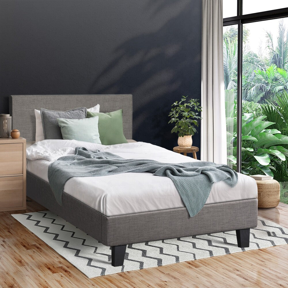 Oikiture Bed Frame Single Size Mattress Base Platform Wooden Slats Grey Fabric-Bed Frames-PEROZ Accessories