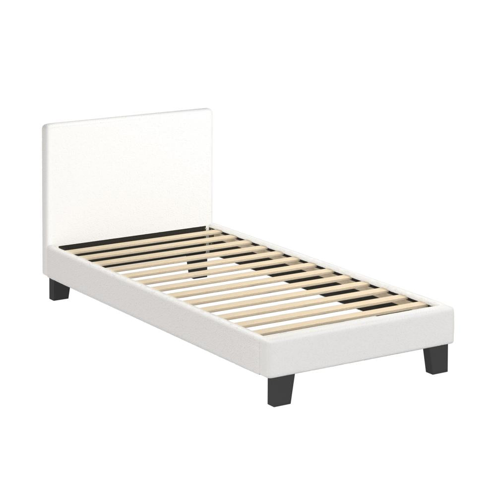 Oikiture Single Bed Frame with Wooden Slats and Boucle Fabric Bed Base Mattress Platfrom White-Bed Frames-PEROZ Accessories