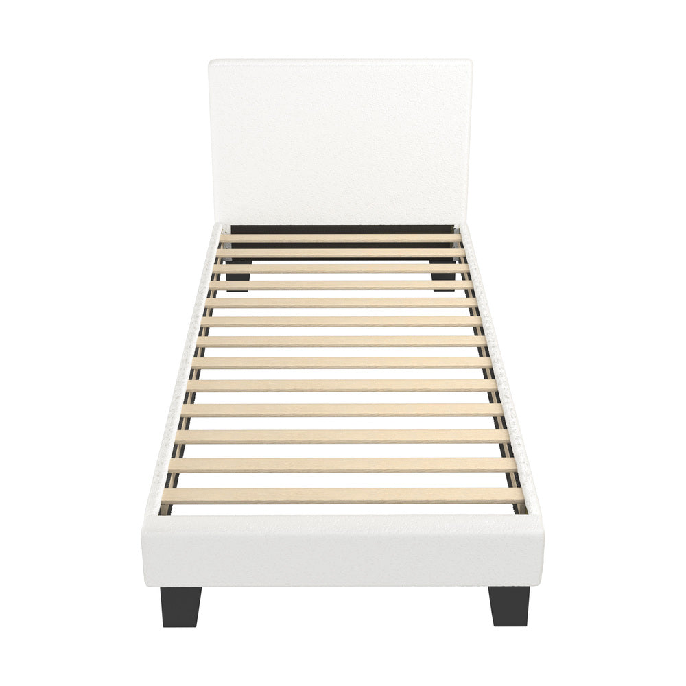 Oikiture Single Bed Frame with Wooden Slats and Boucle Fabric Bed Base Mattress Platfrom White