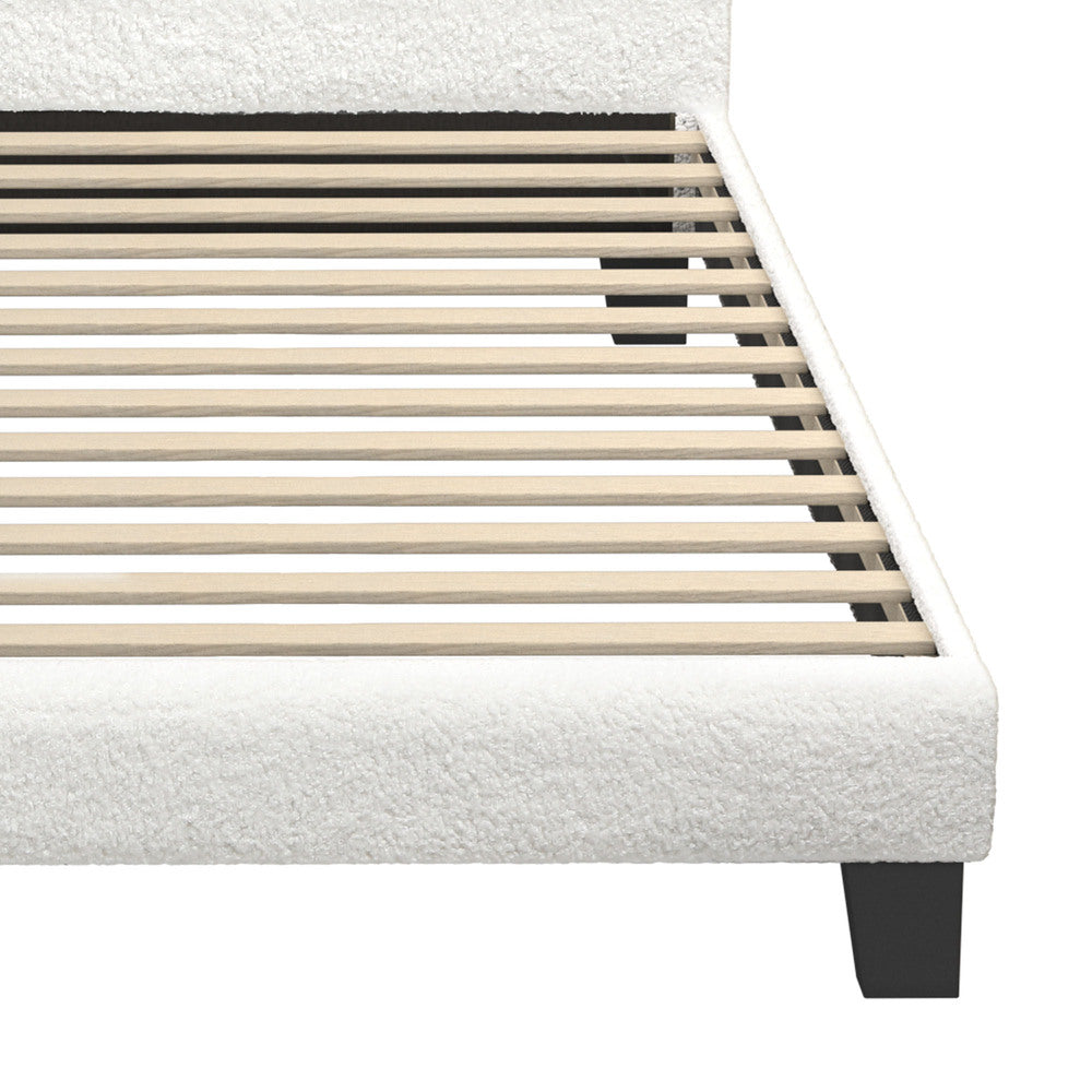 Oikiture Single Bed Frame with Wooden Slats and Boucle Fabric Bed Base Mattress Platfrom White-Bed Frames-PEROZ Accessories