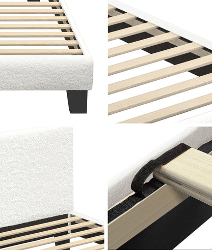 Oikiture Single Bed Frame with Wooden Slats and Boucle Fabric Bed Base Mattress Platfrom White-Bed Frames-PEROZ Accessories