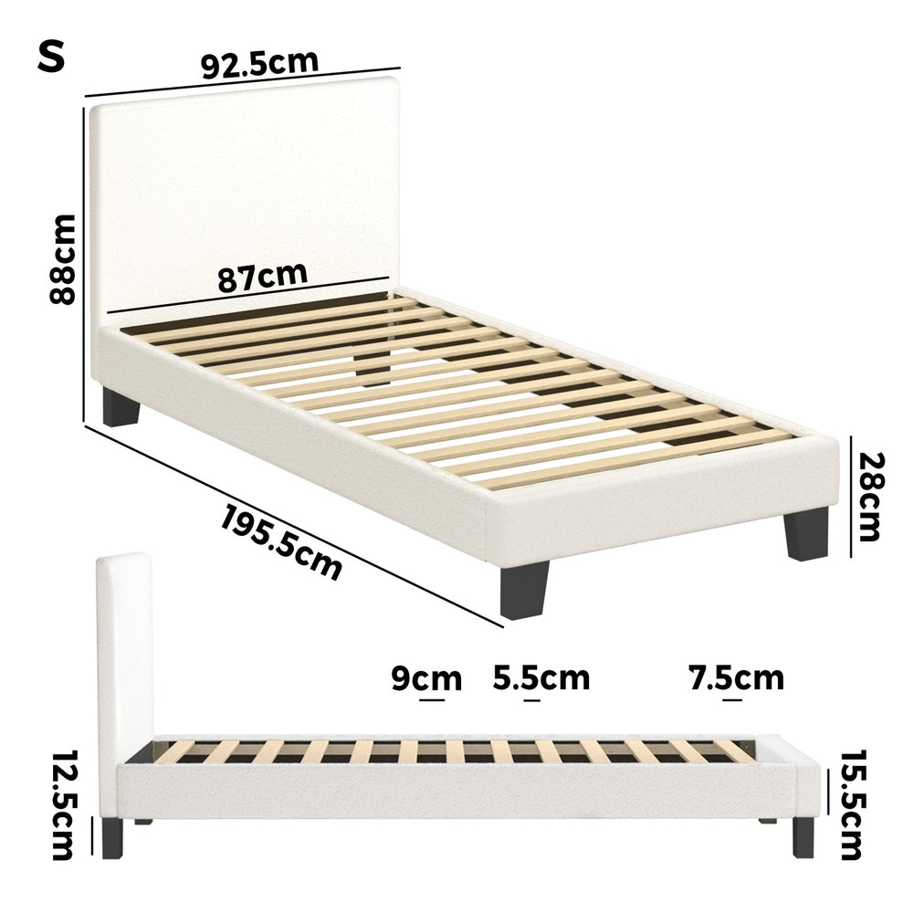 Oikiture Single Bed Frame with Wooden Slats and Boucle Fabric Bed Base Mattress Platfrom White-Bed Frames-PEROZ Accessories