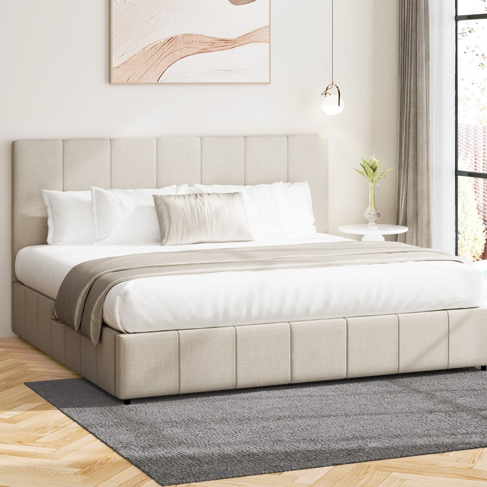 Oikiture Bed Frame King Size Gas Lift Base Beige Fabric-Bed Frame-PEROZ Accessories