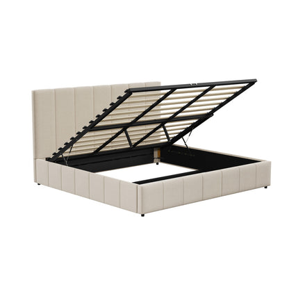 Oikiture Bed Frame King Size Gas Lift Base Beige Fabric-Bed Frame-PEROZ Accessories