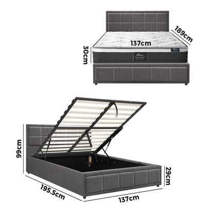 Oikiture Bed Frame With Mattress Set Double Size Gas Lift Grey BOSS-Bed Frame-PEROZ Accessories