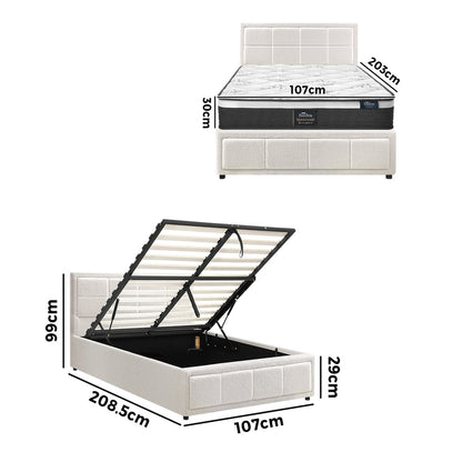 Oikiture Bed Frame With Mattress Set King Single Gas Lift White BOSS-Bed Frame-PEROZ Accessories