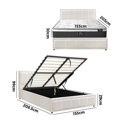 Oikiture Bed Frame With Mattress Set Queen Size Gas Lift White BOSS-Bed Frame-PEROZ Accessories