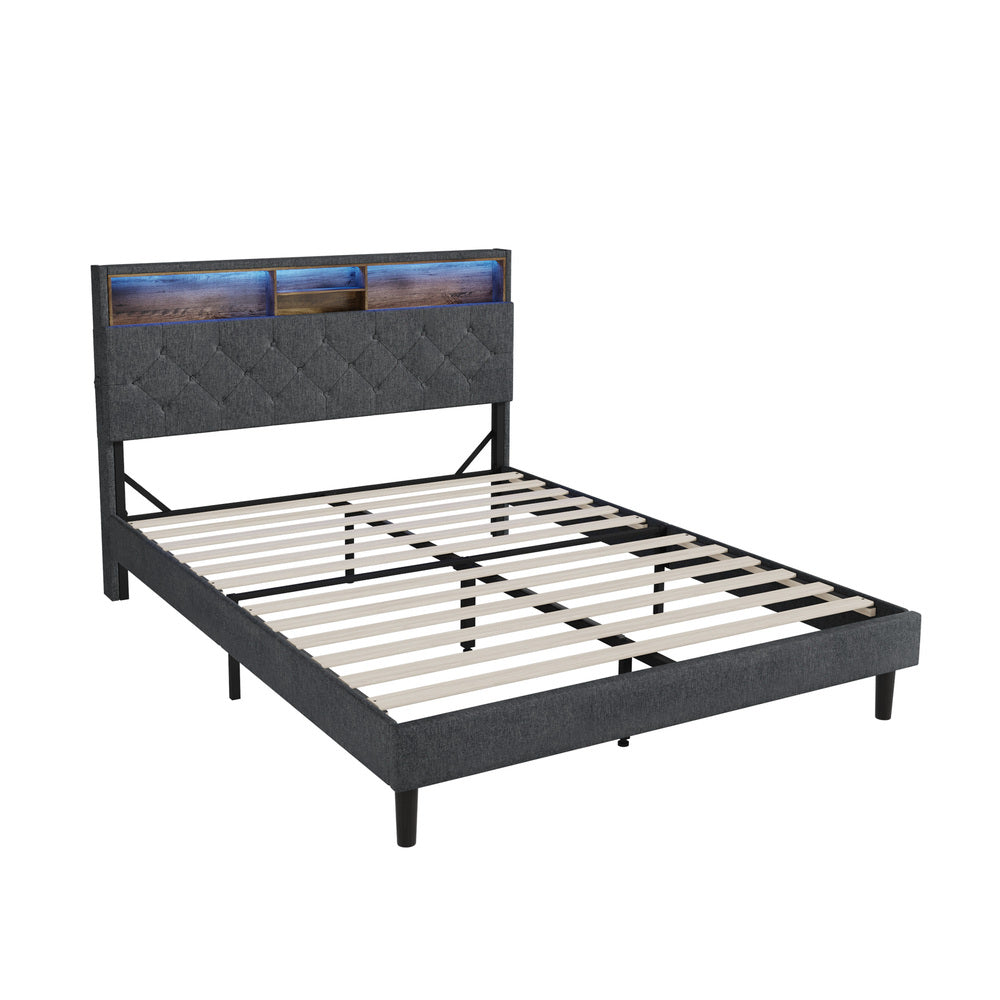 Oikiture Bed Frame with LED Storage Bedhead Double Size NOVI-Bed Frame-PEROZ Accessories