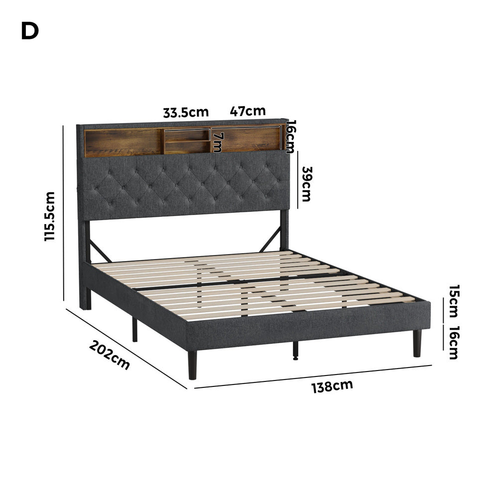 Oikiture Bed Frame with LED Storage Bedhead Double Size NOVI-Bed Frame-PEROZ Accessories