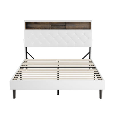 Oikiture Bed Frame Double Size with LED Storage Bedhead White-Bed Frame-PEROZ Accessories