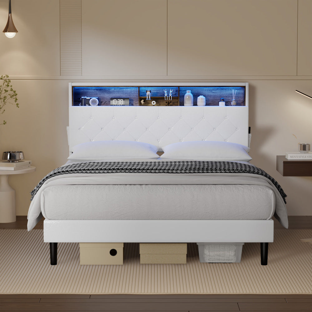 Oikiture Bed Frame Double Size with LED Storage Bedhead White-Bed Frame-PEROZ Accessories