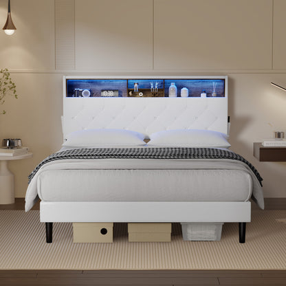 Oikiture Bed Frame Double Size with LED Storage Bedhead White-Bed Frame-PEROZ Accessories