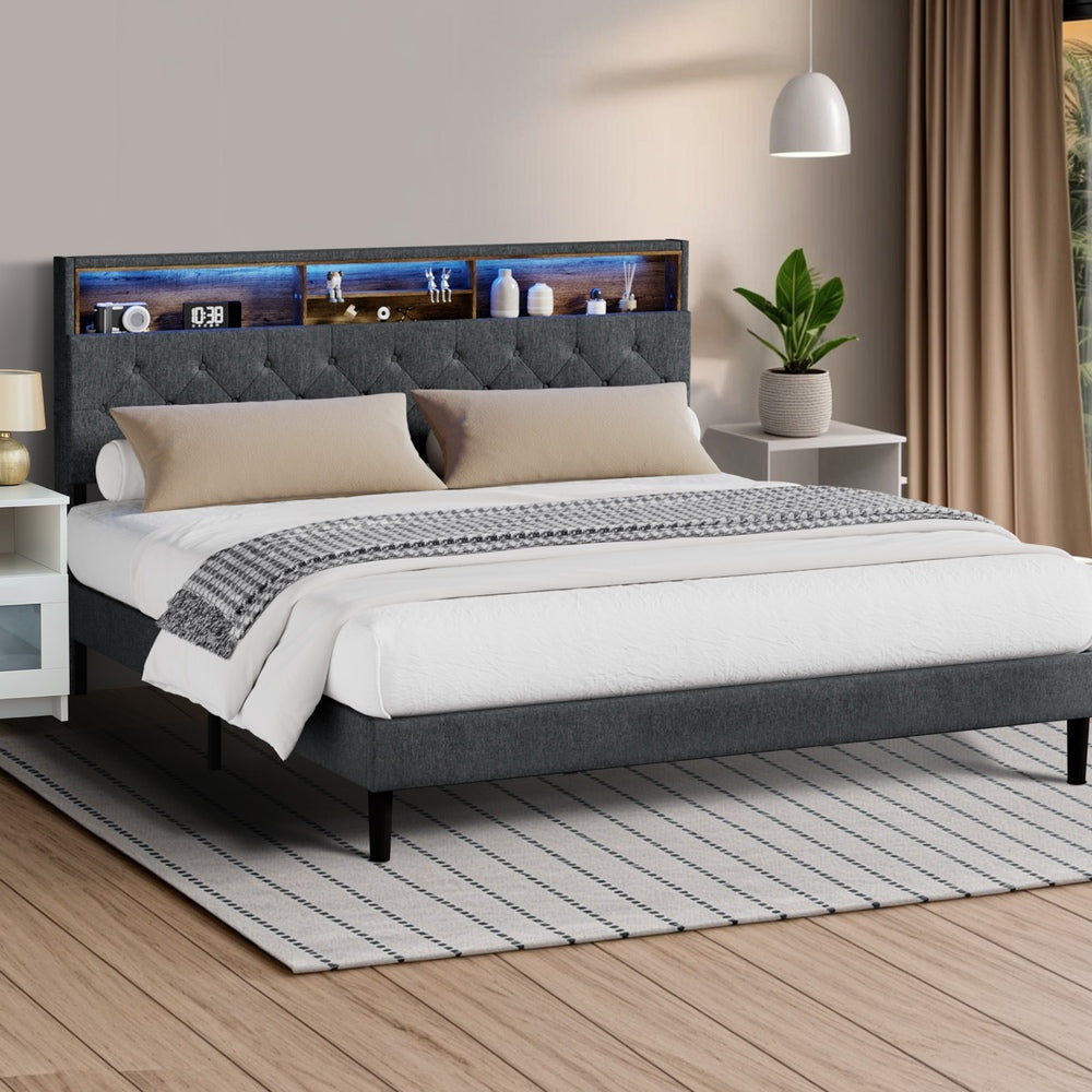 Oikiture Bed Frame with LED Storage Bedhead King Size NOVI-Bed Frame-PEROZ Accessories