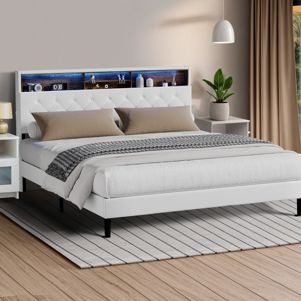 Oikiture Bed Frame King Size with LED Storage Bedhead White-Bed Frame-PEROZ Accessories