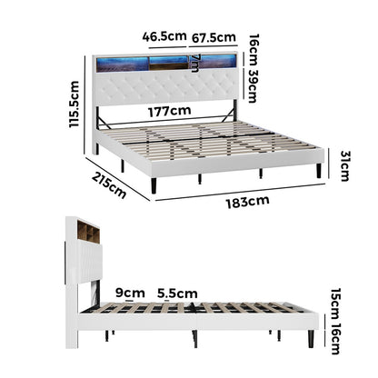Oikiture Bed Frame King Size with LED Storage Bedhead White-Bed Frame-PEROZ Accessories