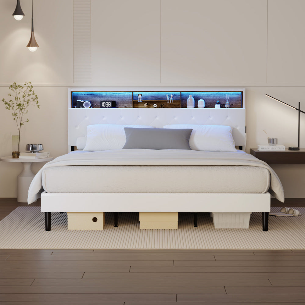 Oikiture Bed Frame King Size with LED Storage Bedhead White-Bed Frame-PEROZ Accessories