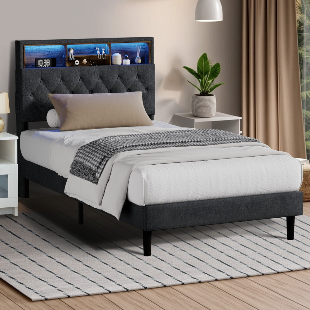 Oikiture Bed Frame with LED Storage Bedhead King Single Size NOVI-Bed Frame-PEROZ Accessories