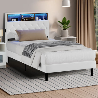 Oikiture Bed Frame King Single Size with LED Storage Bedhead White-Bed Frame-PEROZ Accessories