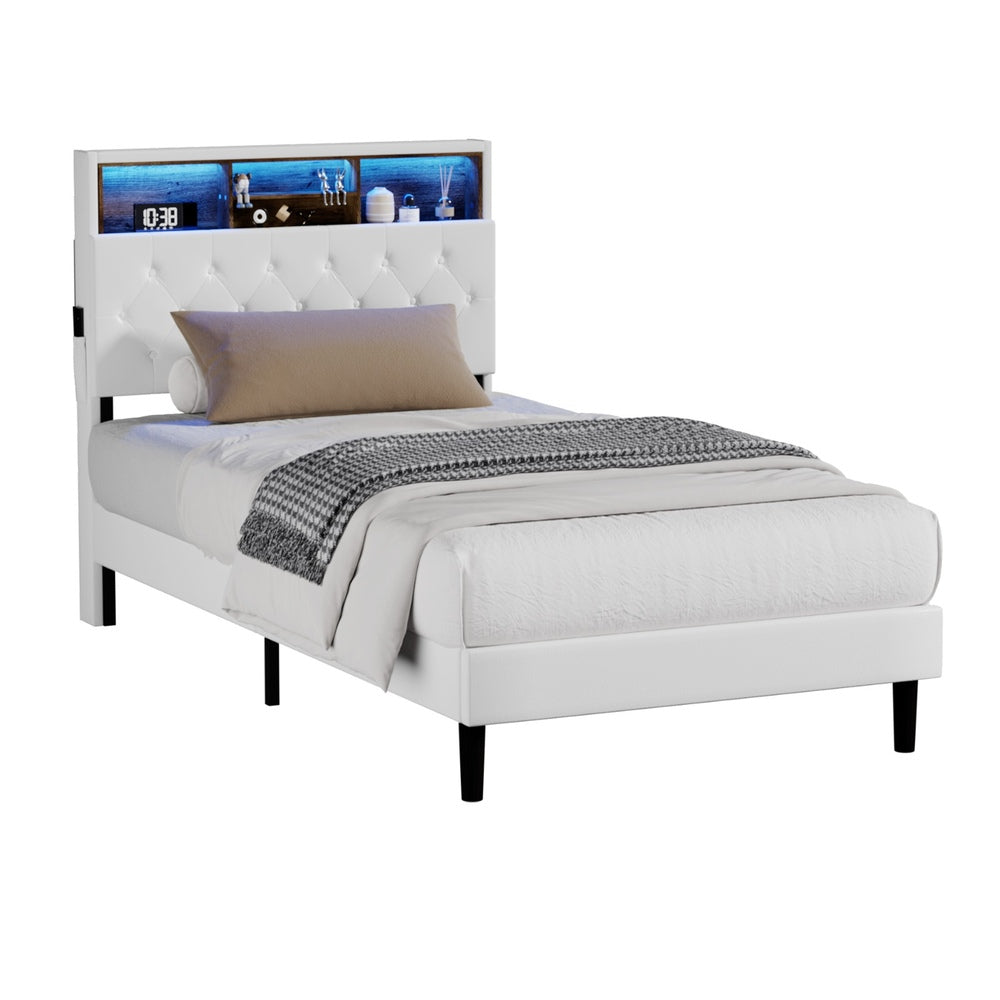 Oikiture Bed Frame King Single Size with LED Storage Bedhead White-Bed Frame-PEROZ Accessories