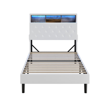 Oikiture Bed Frame King Single Size with LED Storage Bedhead White-Bed Frame-PEROZ Accessories