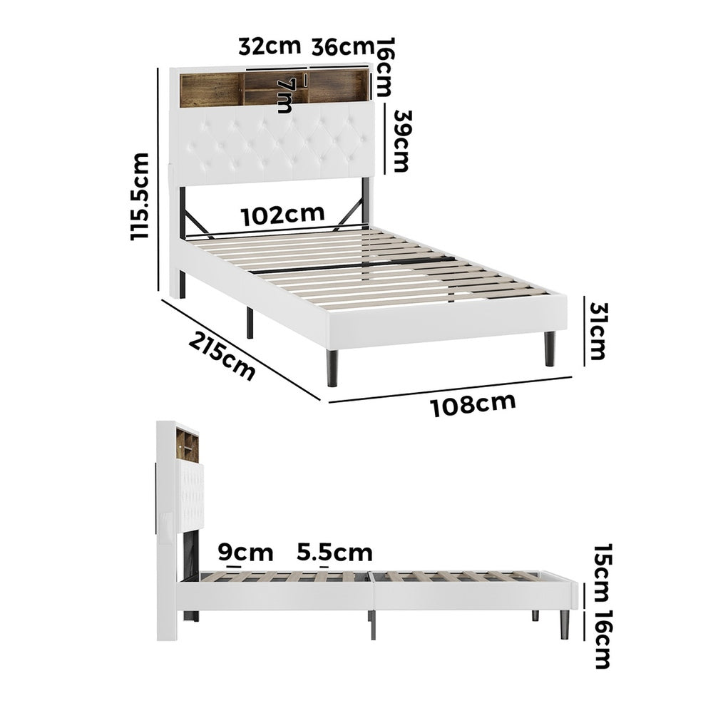 Oikiture Bed Frame King Single Size with LED Storage Bedhead White-Bed Frame-PEROZ Accessories