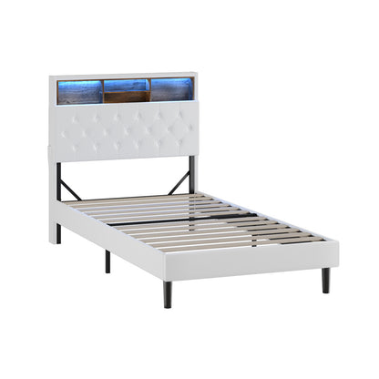 Oikiture Bed Frame King Single Size with LED Storage Bedhead White-Bed Frame-PEROZ Accessories