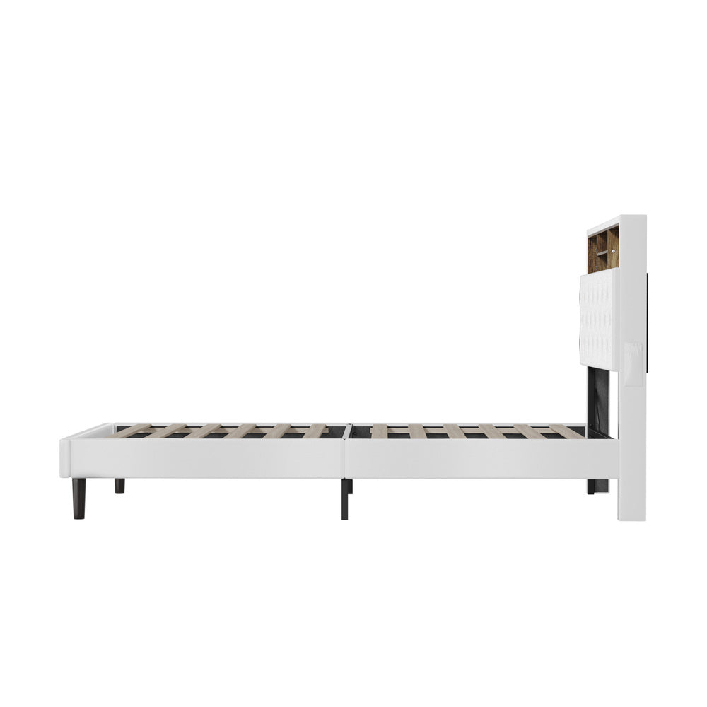 Oikiture Bed Frame King Single Size with LED Storage Bedhead White-Bed Frame-PEROZ Accessories