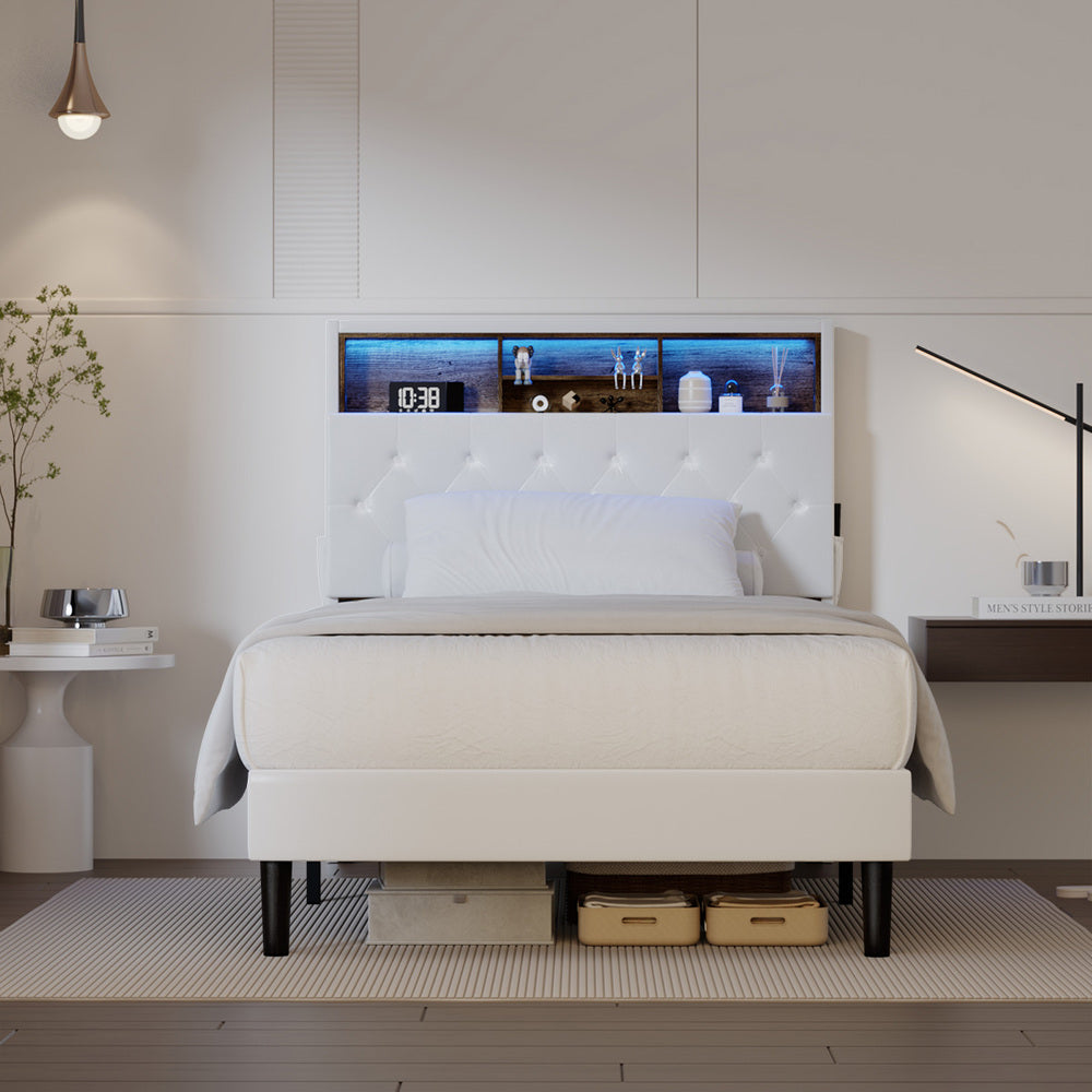 Oikiture Bed Frame King Single Size with LED Storage Bedhead White-Bed Frame-PEROZ Accessories