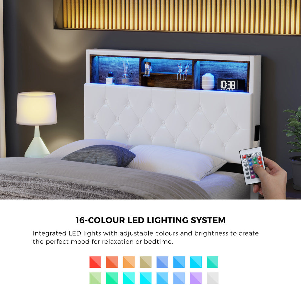 Oikiture Bed Frame King Single Size with LED Storage Bedhead White-Bed Frame-PEROZ Accessories