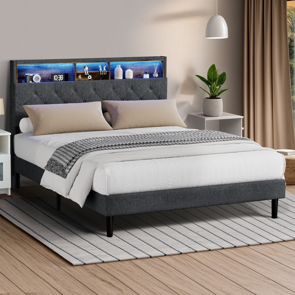 Oikiture Bed Frame with LED Storage Bedhead Queen Size NOVI-Bed Frame-PEROZ Accessories
