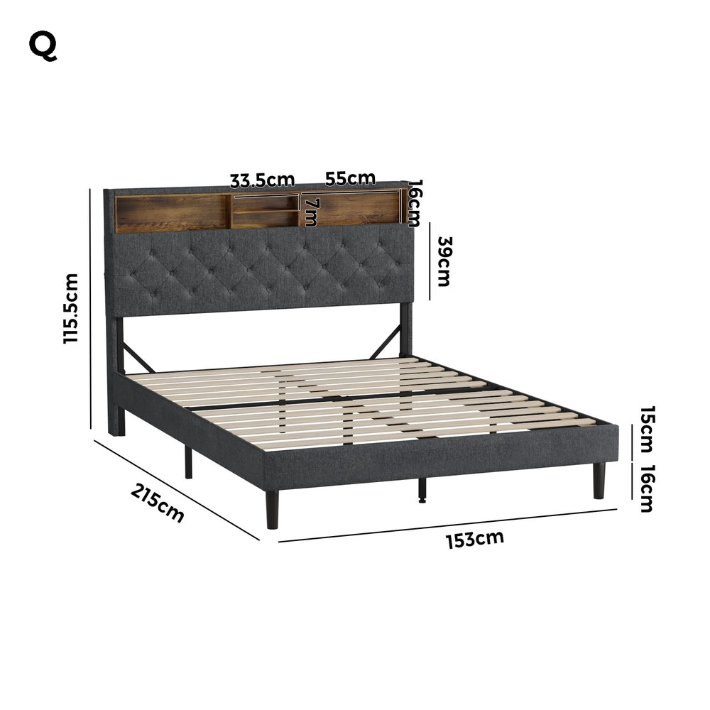 Oikiture Bed Frame with LED Storage Bedhead Queen Size NOVI-Bed Frame-PEROZ Accessories