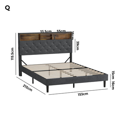 Oikiture Bed Frame with LED Storage Bedhead Queen Size NOVI-Bed Frame-PEROZ Accessories